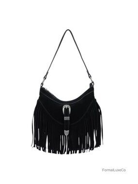 Vintage Suede Fringe Hobo Purse Tassel Shoulder Bag Hippie Western Handbag